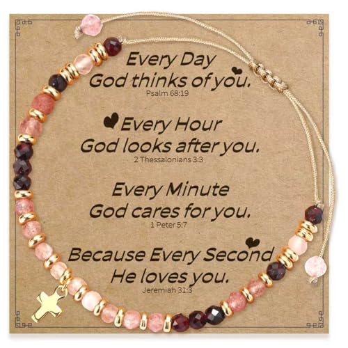 Christian Gifts for Women, Cross Bracelet, Natural Stone Beaded Jewelry - color: Pink