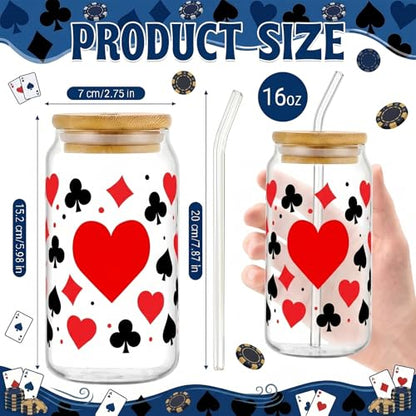 Glass Cups with Lids and Straws, 4Pack, 16oz, Poker Casino - color: Playing Cards Suits