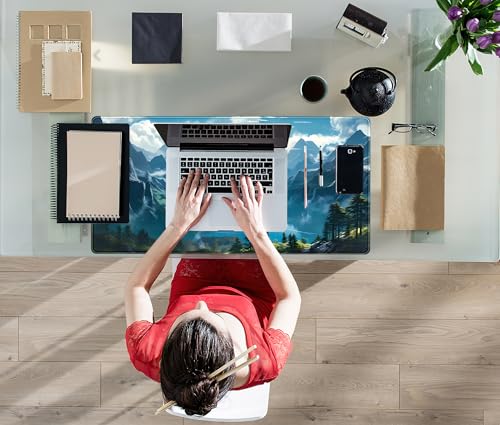 Aesthetic Mountain Vista Desk Mat, Blue Natural Wonder XXL Large Extended Gaming Mouse Pad Mat Non-Slip Mousepad, Computer Keyboard and Mouse Mat, Desk Pad with Stitched Edges, 31.5x15.75 in - color: Blue Mountain Vista