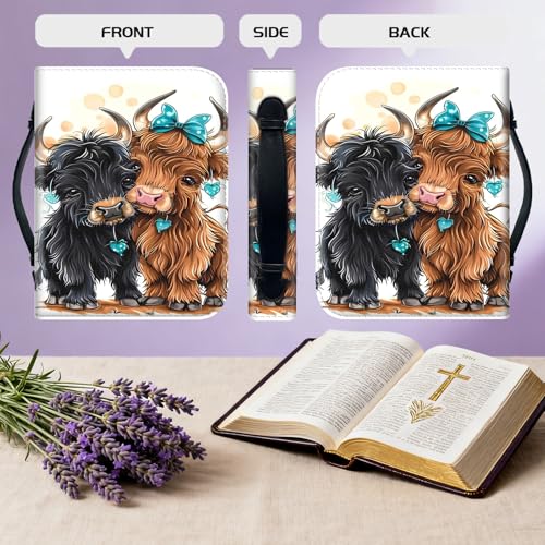 Bible Cover for Women Large PU Leather Zippered Bible Case with Handle and Cute Cow Design, Christian Bible Cover for Girls & Women, Cover Fits Standard 9.5"x7.5"x2.3" Bible - color: Cute Cow