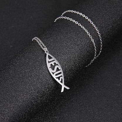 Ichthus Necklace for Women Christian Jesus Fish Necklace Christ Fish Cross Ichthys Pendant Necklace Ichthus Fish Religious Symbol Pendant Christian Jewelry Gift - color: silver