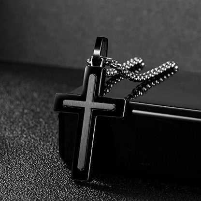 Men's Stainless Steel Cross Necklace,Two-Tone Black & Blue Carbon Fiber Pendant - Included Gift Box - style: Black & Dark Grey XL003