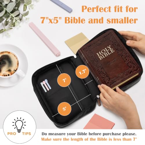 Mini Bible Cover Case for Women and Men, 7x5 PU Leather Bible Sleeve, Compact Travel Bible Carrier Bag with Front Pen Holders, Zipper Closure, Inner Pockets - Black - color: Black, size: 7''x5''x1.8''
