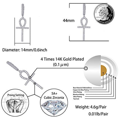 TOPGRILLZ Cross Hoop Dangle Earrings 925 Sterling Silver 5A+ Cubic Zirconia 14K Gold Hypoallergenic Cross Hoop Cuff Huggie Drop Earrings For Men Women - color: Ankh Silver
