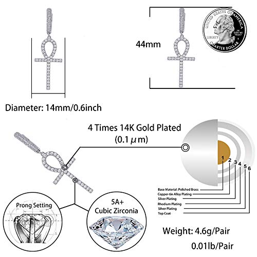 TOPGRILLZ Cross Hoop Dangle Earrings 925 Sterling Silver 5A+ Cubic Zirconia 14K Gold Hypoallergenic Cross Hoop Cuff Huggie Drop Earrings For Men Women - color: Ankh Silver