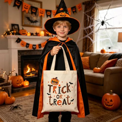 Canvas Tote Bag with Zipper, Halloween Trick or Treat Bags for Kids Bulk - color: [A0] Halloween - Beige