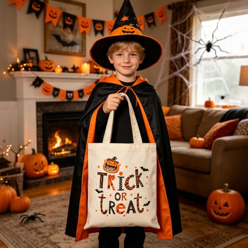 Canvas Tote Bag with Zipper, Halloween Trick or Treat Bags for Kids Bulk - color: [A0] Halloween - Beige
