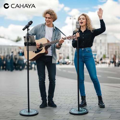 CAHAYA Microphone Stand Floor Adjustable - Mic Stand Universal with 7.12 lbs Weighted Round Metal Base Mic Stands with Phone Holder Mic Floor Stand with 2 Mic Clips and 3/8'' to 5/8'' Adapter