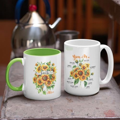 Faith Cross With Sunflowers Design On Mug, Personalized Christian Ceramic Cup, Custom Name Coffee Mug 15oz, Inspirational Bible Verses White Cup, Religious Gift For Friend Family - color: XUA-624-2301-Faith Cross