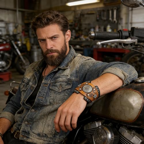 HZMAN Leather Bracelets Retro Men's Leather Cuff Bracelet Adjustable Wide Wristband Bracelet Jewelry Gift - color: Brown