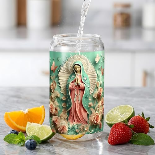 Virgin Mary Glass Cup with Lid and Straw, Religious Floral Illustration Clear Glass Tumbler, Bamboo Lid Iced Coffee Cup, Faith Inspired Art Glass Coffee Mug for Daily Use, 16oz