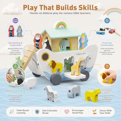 GiggleGems Noah's Ark Wooden Toy - All-in-1 Push Pull Shape Sorter for Toddlers - Montessori Animal Matching Set - Baptism Christening Gift for Birthday, Religious Toys for Boys Girls (18M+)