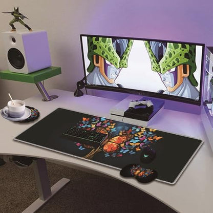 Extended Non-Slip Mouse Pad + Mouse Wrist Rest + Lace-Shaped Coaster Set, Ergonomic Design, Suitable for Desk and Home Gaming Table Mat, Colorful Tree Butterfly - color: Colorful Tree Butterfly