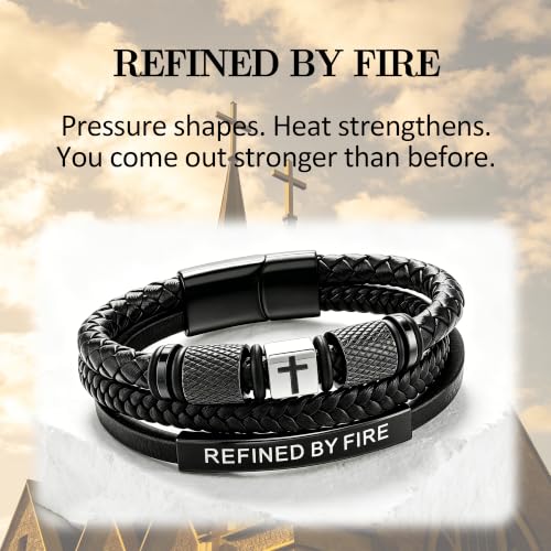 Leather Cross Bracelet for Men, Inspirational Christian Bracelet - color: REFINED BY FIRE