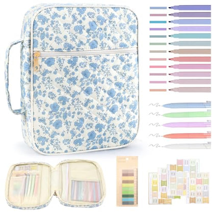 Zkptops Bible Cover Case for Women Girls Large Bible Bag Blue Cotton Quilted Floral Bible Carrying Case with Zipper Pocket and Handle Carrying Book Cover for Christian Study Supplies Christian Gift - color: Fj Blue