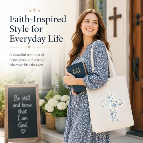Christian Tote Bag Gift for Women, Canvas Bible Bag Handmade Floral Cross - color: White-forget Me Not