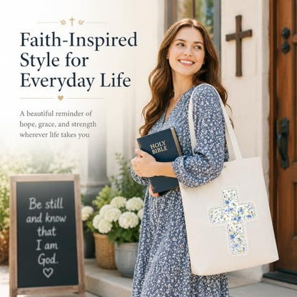 Christian Tote Bag Gift for Women, Canvas Bible Bag Handmade Floral Cross - color: White-forget Me Not