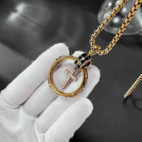 Eternity Cross Ring Pendant Necklace Stainless Steel Pendant Necklace for Men Christmas Gift for Husband,Christmas Stocking Stuffer for Him - color: Diamond Accen-Gold
