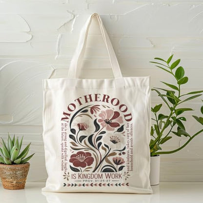 Motherhood Is Kingdom Work Christian Tote Bag, Proverbs 31:25-27 Bible Verse Floral Canvas Bag, Inspirational Mom Gift Totes, Reusable Shopping Book Bags for Women