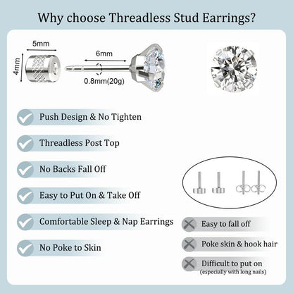Titanium Earrings Push-in Threadless Flat Back Stud Earrings for Women Men, Cartilage Earring Hypoallergenic Cubic Zirconia Earrings Studs for Helix Tragus Piercing Jewelry - color: Silver-2mm