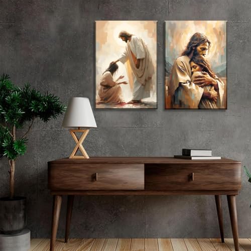 2Pcs Christian Wall Art Jesus Hug Woman Wall Decor Safe Haven Poster Canvas Print Christian Spiritual Painting Bible Art Picture Jesus and Girl Mural for Living Room Bedroom Office 12x16in Canvas - size: 12L" x16W"