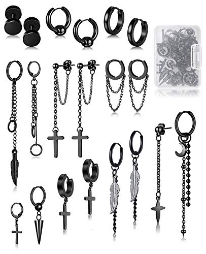 20 Pieces Men Earrings Set - Black Stainless Steel Chain Hoop Earrings Cross Moon and Star Dangle Earrings Piercing Jewelry for Men Women - color: Black