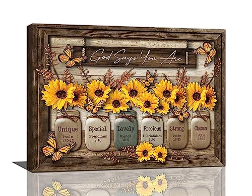 Christian Sunflower Wall Art Rustic Butterfly Bible Verse Pictures Wall Decor Country God Says You Are Canvas Painting Modern Home Artwork Decoration for Bathroom Living Room Bedroom Office Framed - color: Christian Sunflower, size: 16"L x 12"W