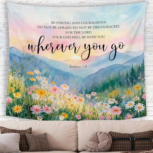 MNASAIOO Christian Wildflower Mountian Wall Tapestry Hanging for Bedroom, Bible Verse Scripture Joshua 1:9 Tapestries,Watercolor Spring Colorful Landscape Wall Decor for Living Prayer Room 50x60in - color: wherever flower