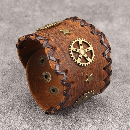 GelConnie Punk Leather Cuff Bracelet Adjustable Straps Wrap Bracelets Arm Armor Cuff Gothic Leather Wristbands for Men, Women - color: MLPB108-Brown