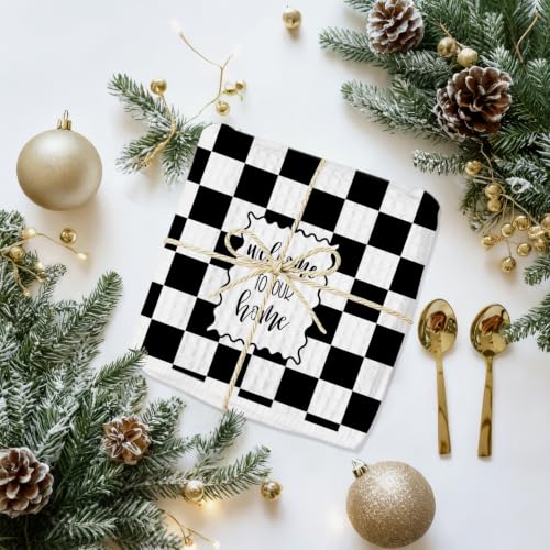 Black White Check Welcome Home Sweet Home Kitchen Towels Set of 2 - color: Sweet Home D