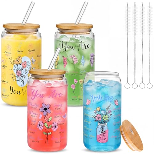 Mumufy 4 Pack Christian Flower Glass Cup, 16 oz Tumbler Mug with Bamboo Lid - style: Christian Flower