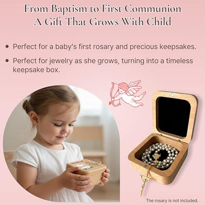 Rosary Keepsake Jewelry Box for Girls – Baby Baptism, First Communion Gift – Wooden Prayer Memory Box for Children