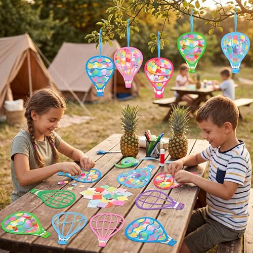 Renbuzhu 48PCS Back to School Crafts: Paper Hot Air Balloon Suncatchers DIY Kits, Summer Window Stained Glass Effect Art Supplies - style: hot air balloon