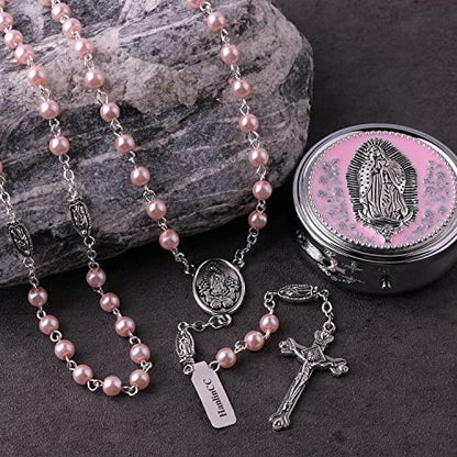 HanlinCC Guadalupe Catholic Rosary Glass Pearl Beads Necklace with Gift Box - color: Guadalupe Rosary Pink