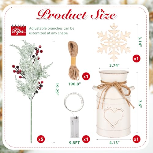 Christmas Table Decorations Set with 5 Pcs 20" Christmas Artificial Pine Branches with Red Berry Stems,White Iron Vase, LED String Lights, Snowflake Wood Chips and Hemp Rope for Xmas Winter DIY Decor - color: Winter Decor