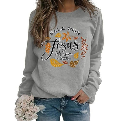 YourTops Jesus Shirt Women Fall for Jesus He Never Leaves Sweatshirt Tee Tops Fall Sweatshirt - color: 4-grey, size: Medium