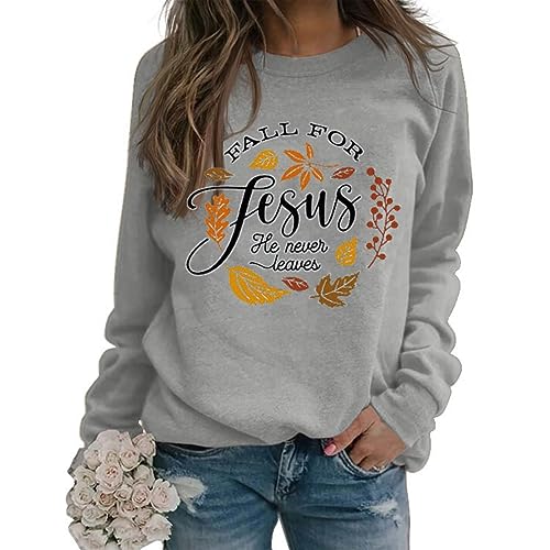 YourTops Jesus Shirt Women Fall for Jesus He Never Leaves Sweatshirt Tee Tops Fall Sweatshirt - color: 4-grey, size: X-Large