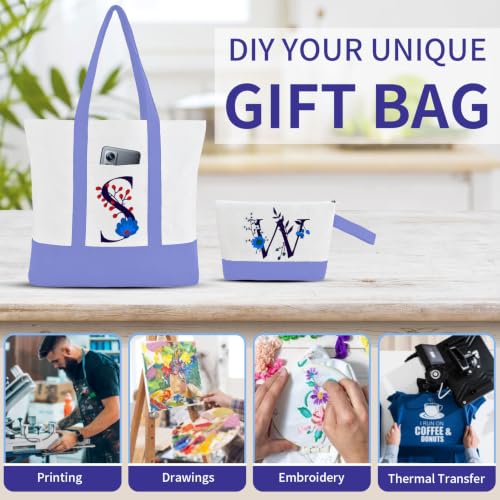 2-Pack Canvas Tote Bags and Makeup Bags, Cotton Zipper Bag, Purple - color: Purple/White