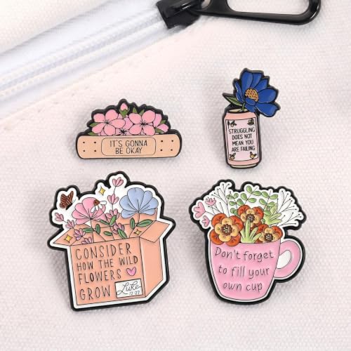 MemeChic 4PCS Inspirational Flower Enamel Pins Set，Christian Faith Bible Verse Luke 12:27 Religious Brooch, Encouragement Gifts for Women Men, Mental Health Positive Affirmation Lapel Pins for Jacket Backpack