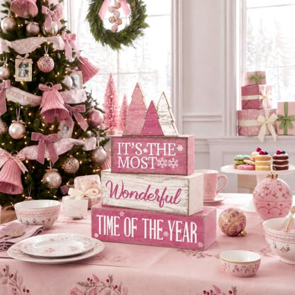 Moucuny 4 Pcs Christmas Table Decoration Wooden Pink Wooden Christmas Tree - style: It’s the Most Wonderful Time of the Year