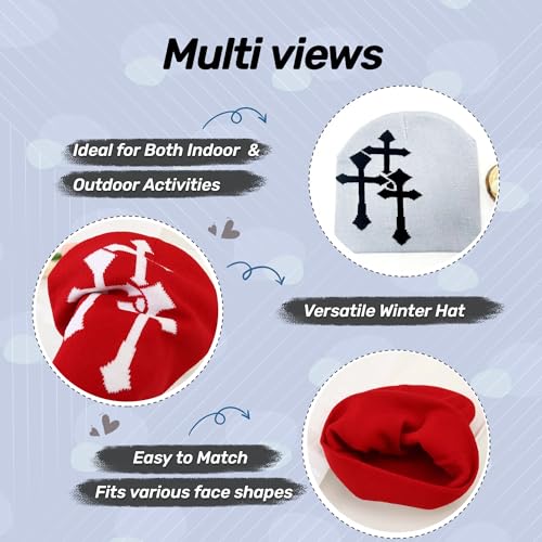 Fashion Knit Beanie with Cross Pattern Y2K Unisex Soft Jacquard Cap Popular Hip-Hop Cool Street Outdoor Sports Earflap Hat - color: White