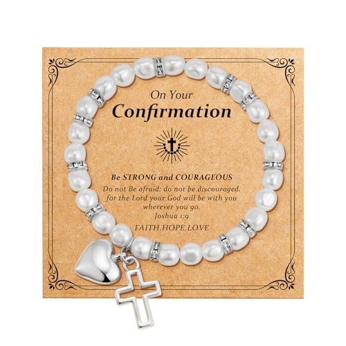 Eaciy First Communion Gifts for Girls - 14K Whited Gold Plated Cross Heart Bracelet First Baptism Communion Communion Bracelet Gifts for Teen Girls - color: Confirmation