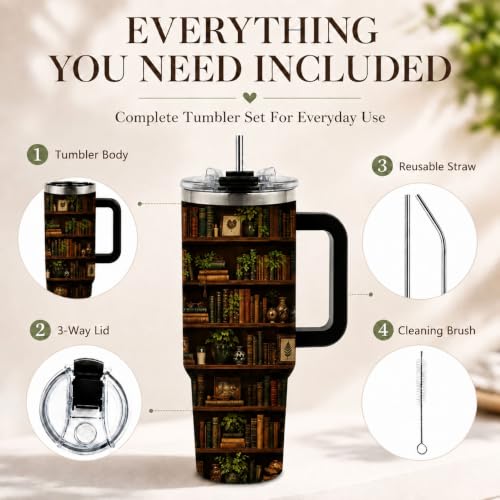 Tumbler 40oz with Straw and Lid – Insulated Water Bottle for Women, Stainless Steel Cup Keeps Cold 12 Hours/Hot 6 Hours, Large Mug for Office Gym (Book5) - color: Book5