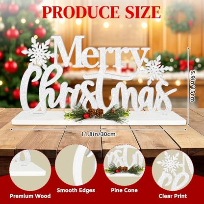 Wooden Christmas Decoration Merry Christmas Tabletop Decor, Snowflake Glitter Shining Xmas Table Sign, Farmhouse Rustic Winter Centerpiece for Home Kitchen Bedroom Tiered Tray Mantel Decor