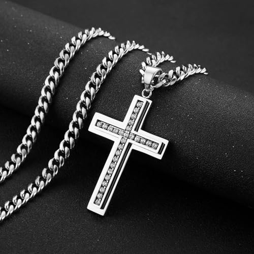 HZMAN Cross Necklace for Men Stainless Steel Cross with Cubic Zirconia Inlay Pendant Necklace with 7mm Cuban Chain 24In - color: Silver