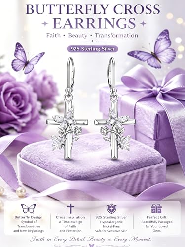 Butterfly Earrings for Women 925 Sterling Silver Birthstone Butterfly Cross Rose Dangle Earrings Elegant Butterfly's Jewelry Gift for Birthday Valentines Day Christmas - color: 4-April