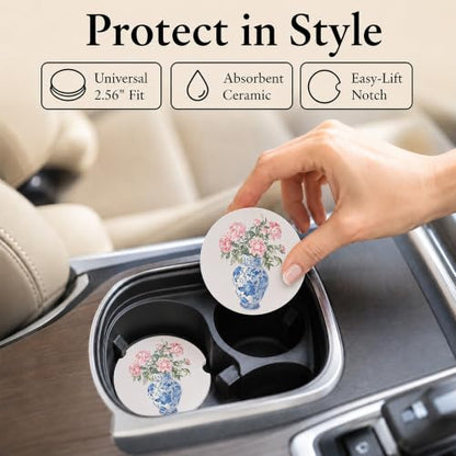 Car Coasters for Cup Holders, Pink Chinoiserie Car Coasters Set of 2, B16 - color: Pink Hydrangea