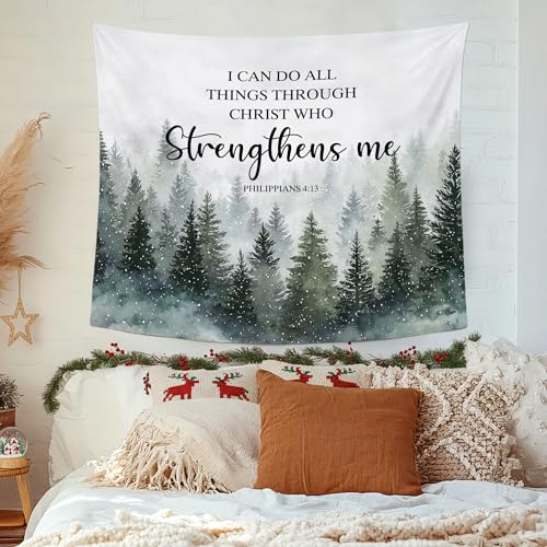 MNASAIOO Christian Winter Snow Forest Wall Tapestry Hanging for Bedroom, Bible Verse I Can Do All Things through Christ Banner, Snowy Rustic Farmhouse Wall Decor for Holiday Living Prayer Room 50x60in - color: strengthens green