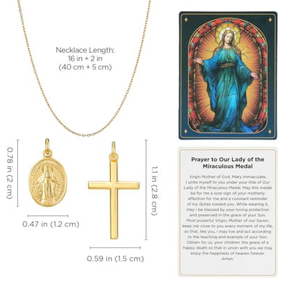 925 Miraculous Medal Necklace for Women, 18K Gold Virgin Mary Cross Pendant - color: Gold