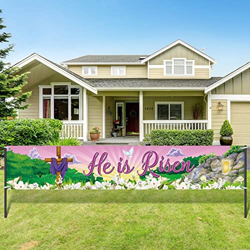 Tatuo He Is Risen Banner Easter Day Banner Decoration Easter Religious Yard Sign Large Fabric Christian Cross Fence Sign Spring Photo Backdrop for Garden Indoor Outdoor Decor, 98 x 18 Inch
